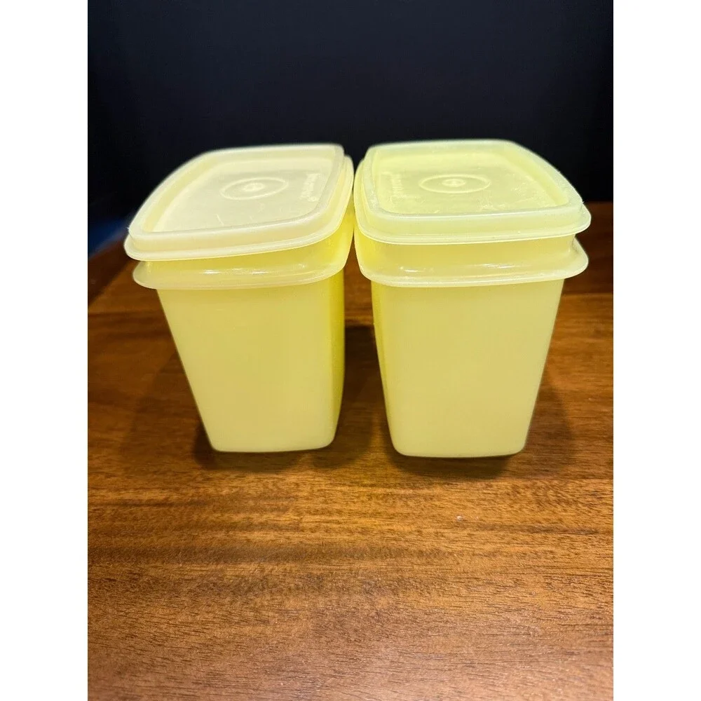 Lot of 2 Tupperware Vintage Shelf Saver Rectangle Small Container Yellow 1243-8.